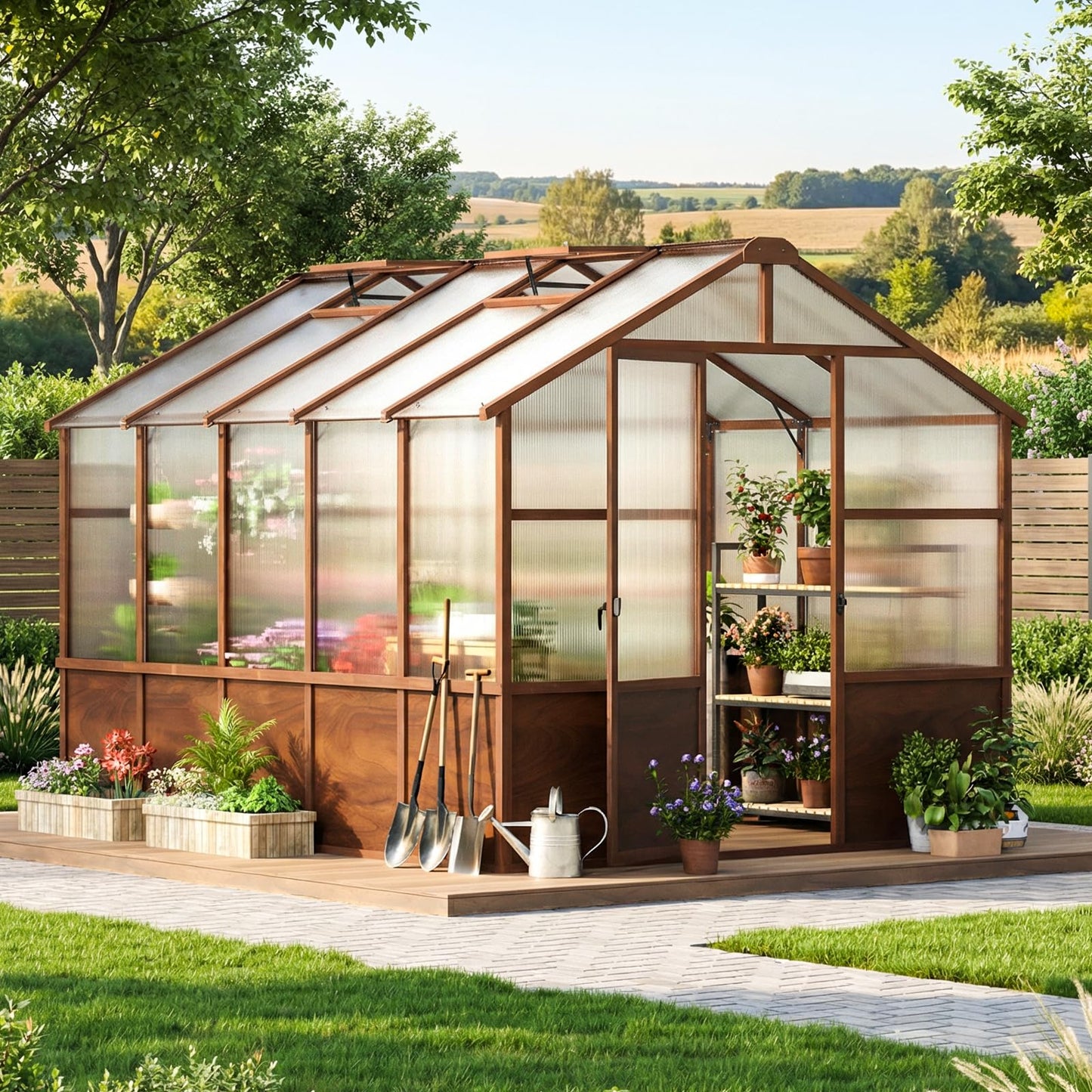 Jocoevol 6x12FT Greenhouse for Outdoors, Wooden Frame Polycarbonate Green House w/ Adjustable Roof Vent and Lockable Door Handle, Walk-in Greenhouses for Outside Garden Backyard