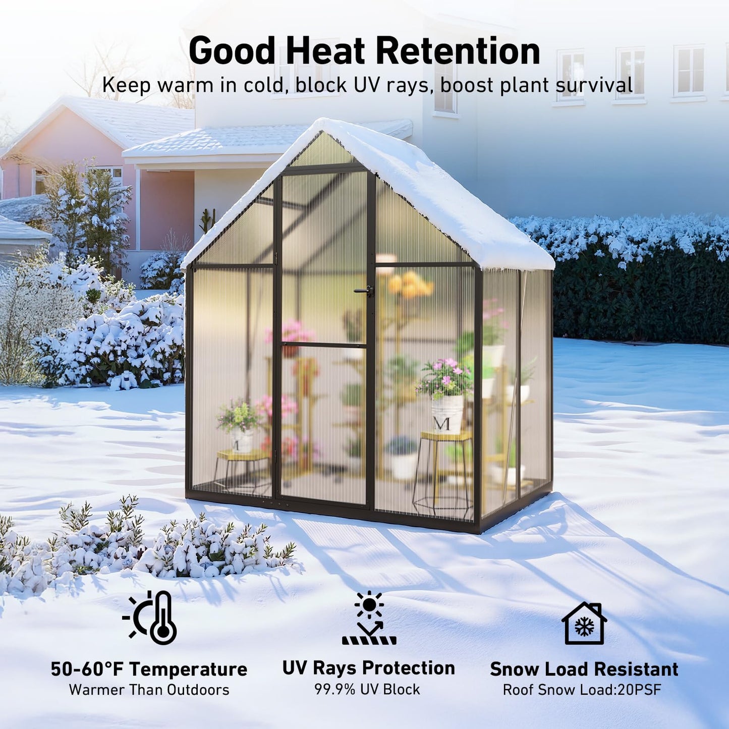 12x12 FT T-Shape Greenhouses, Polycarbonate Green House with UV Protection, Heavy Duty Greenhouse with Windproof Aluminum Frame, Roof Vent & Quick-Install Design for Backyard or Garden Use