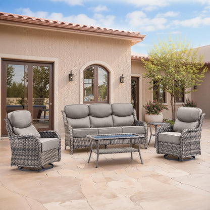 Luxury Patio Furniture Set with 6-inch Thick Cushion, Outdoor Furniture with Fire Pit Table, Swivel Chairs, Sofa, Side Table, Ottomans, 9pcs Wicker Conversation Set(Brown Wicker | Grey Cushion)