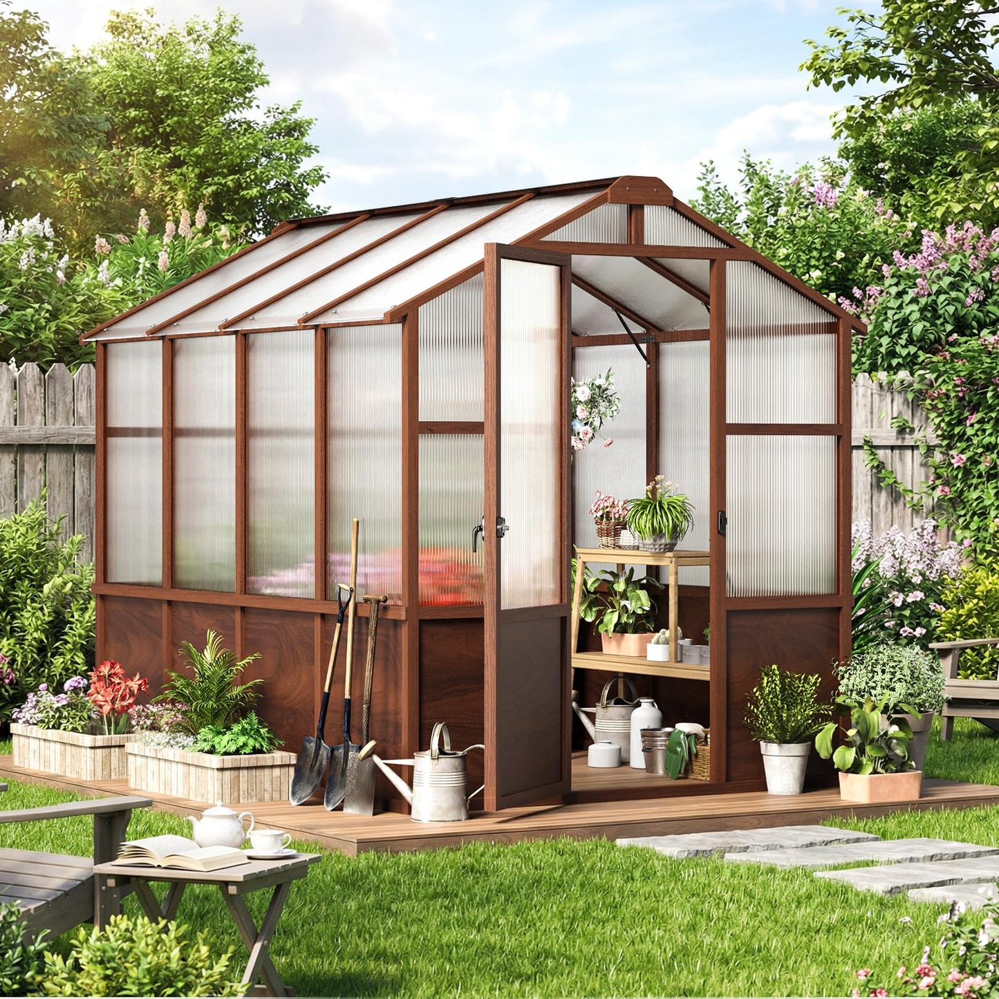 Jocoevol 6x12FT Greenhouse for Outdoors, Wooden Frame Polycarbonate Green House w/ Adjustable Roof Vent and Lockable Door Handle, Walk-in Greenhouses for Outside Garden Backyard