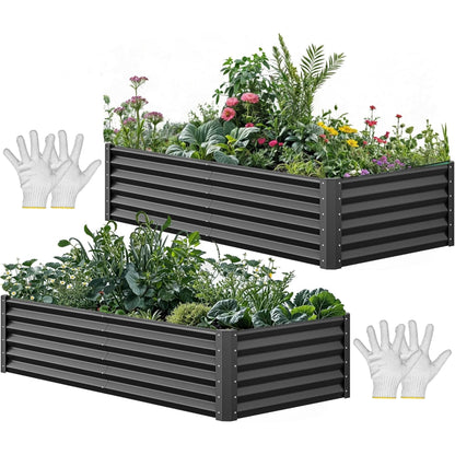 YITAHOME 6pcs 8x4x2 ft Galvanized Raised Garden Bed Kit, Large Metal Planter Box with Gloves, Safety Rubber & Support Rod, Outdoor Flower Bed for Plants Vegetables, Green