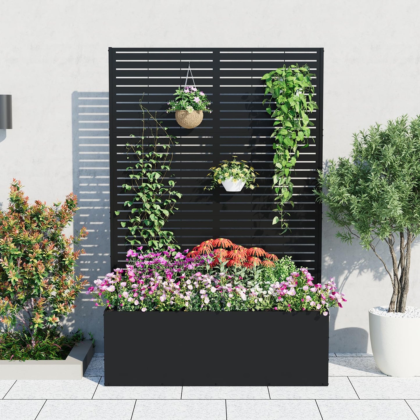 GarveeLife Metal Planter Box with Trellis, 71"x47"x16" Raised Garden Bed for Climbing Plants, Vegetables, Vines, Privacy Planters for Patio with Drainage Holes, 15.7" Deep Planting Bed