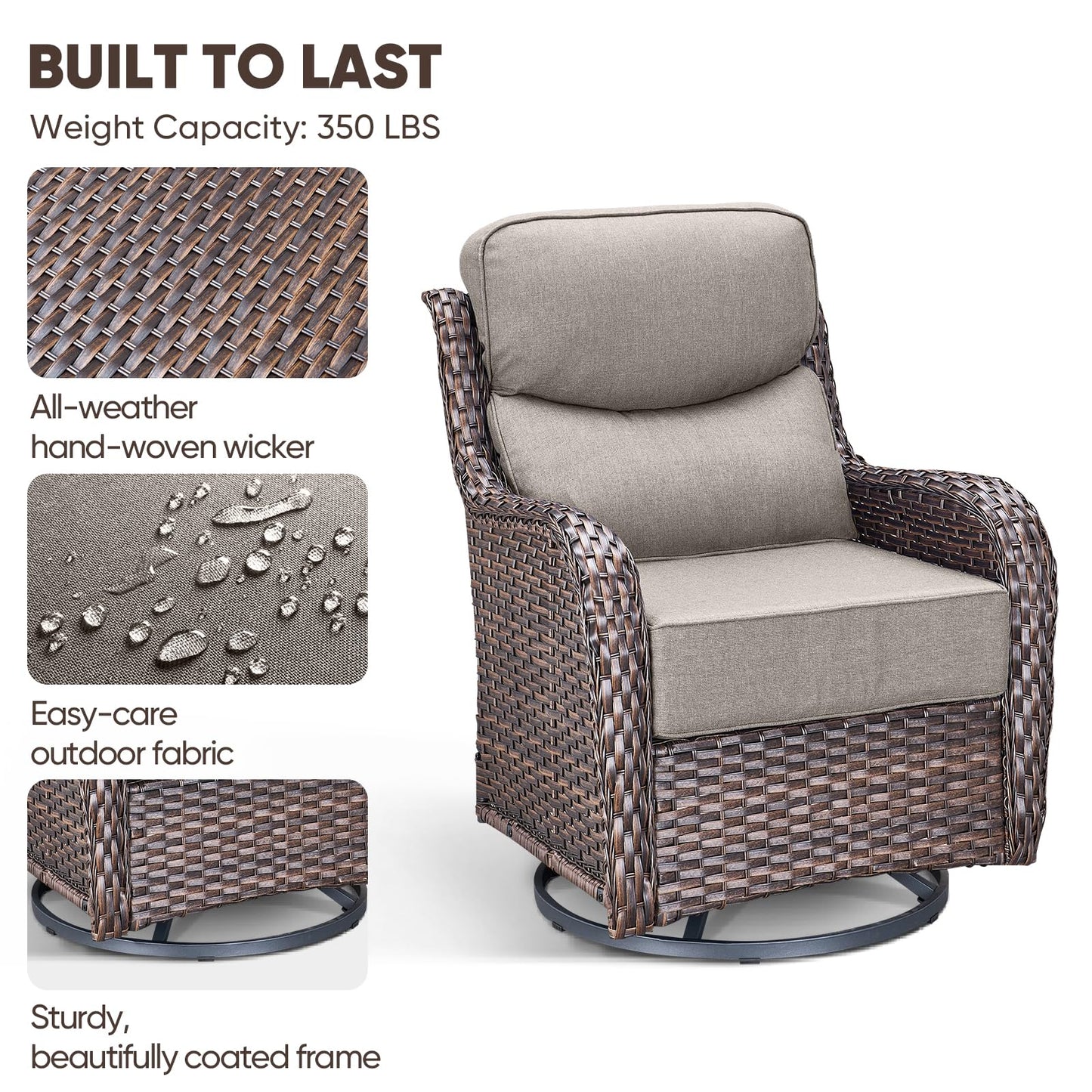 Luxury Patio Furniture Set with 6-inch Thick Cushion, Outdoor Furniture with Fire Pit Table, Swivel Chairs, Sofa, Side Table, Ottomans, 9pcs Wicker Conversation Set(Brown Wicker | Grey Cushion)