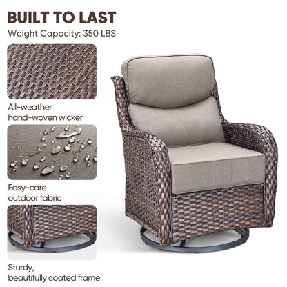Luxury Patio Furniture Set with 6-inch Thick Cushion, Outdoor Furniture with Fire Pit Table, Swivel Chairs, Sofa, Side Table, Ottomans, 9pcs Wicker Conversation Set(Brown Wicker | Grey Cushion)