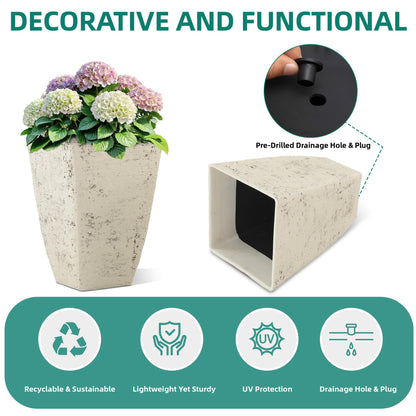 Autodaya 22" Urn Planters Outdoor Planter for Plants Set of 2 Timeless Plastic Large Flower Pot with Drainage Hole Terrazzo White Garden Pots for Porch, Patio Christmas Decor