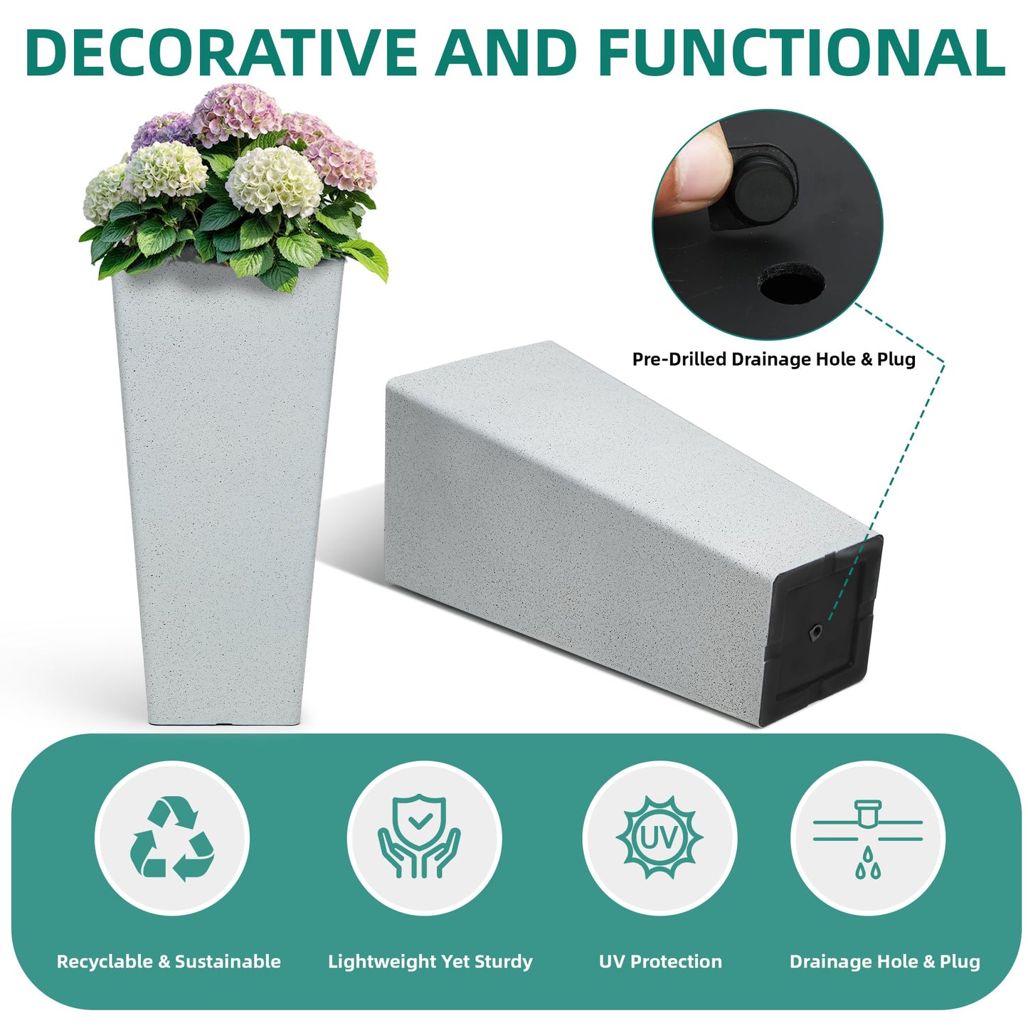 Autodaya 22" Urn Planters Outdoor Planter for Plants Set of 2 Timeless Plastic Large Flower Pot with Drainage Hole Terrazzo White Garden Pots for Porch, Patio Christmas Decor