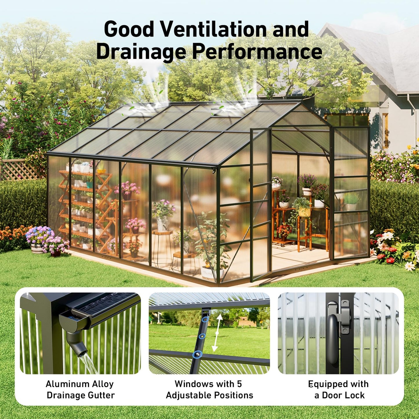 12x12 FT T-Shape Greenhouses, Polycarbonate Green House with UV Protection, Heavy Duty Greenhouse with Windproof Aluminum Frame, Roof Vent & Quick-Install Design for Backyard or Garden Use