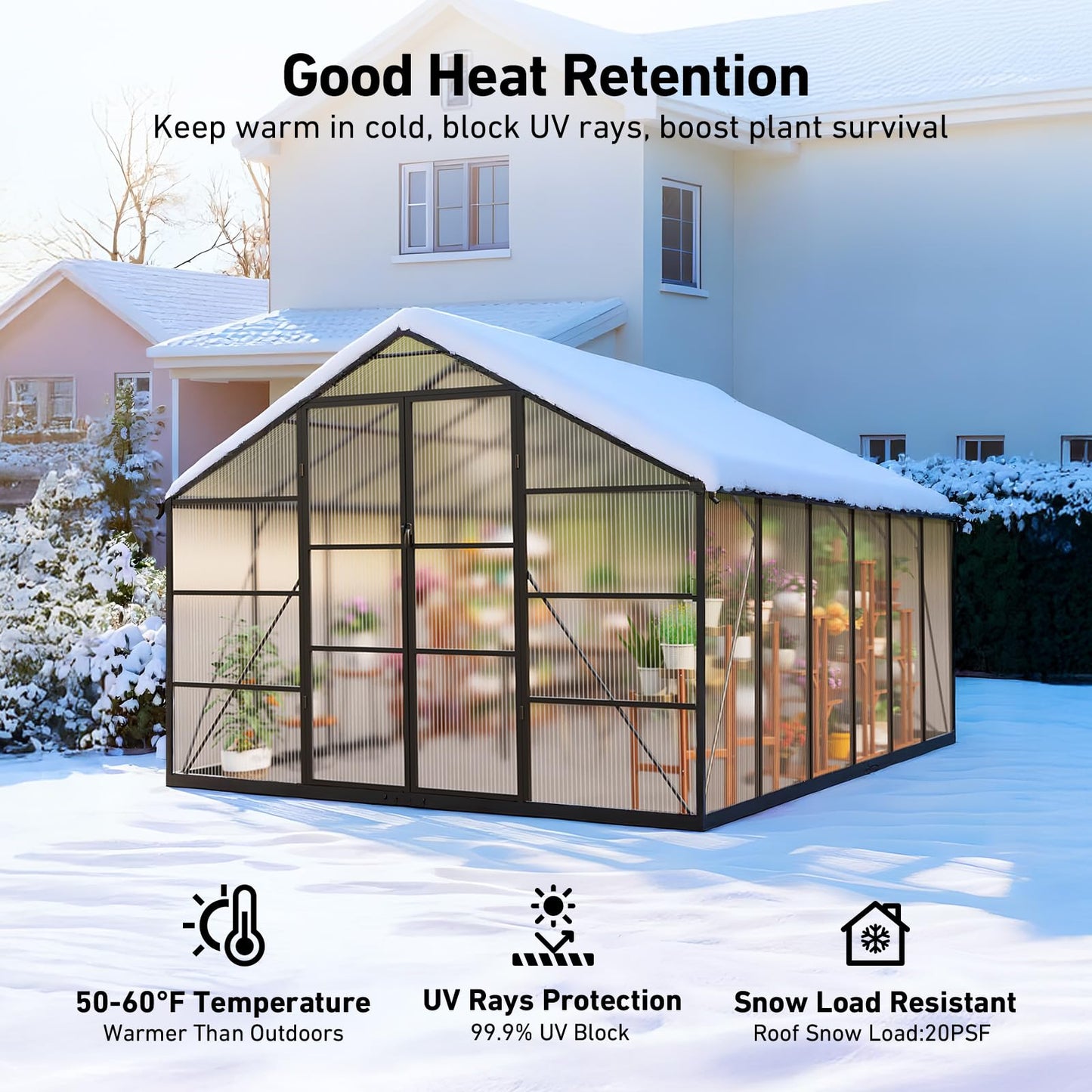 12x12 FT T-Shape Greenhouses, Polycarbonate Green House with UV Protection, Heavy Duty Greenhouse with Windproof Aluminum Frame, Roof Vent & Quick-Install Design for Backyard or Garden Use