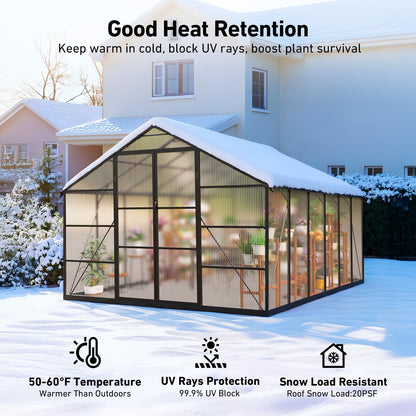 12x12 FT T-Shape Greenhouses, Polycarbonate Green House with UV Protection, Heavy Duty Greenhouse with Windproof Aluminum Frame, Roof Vent & Quick-Install Design for Backyard or Garden Use
