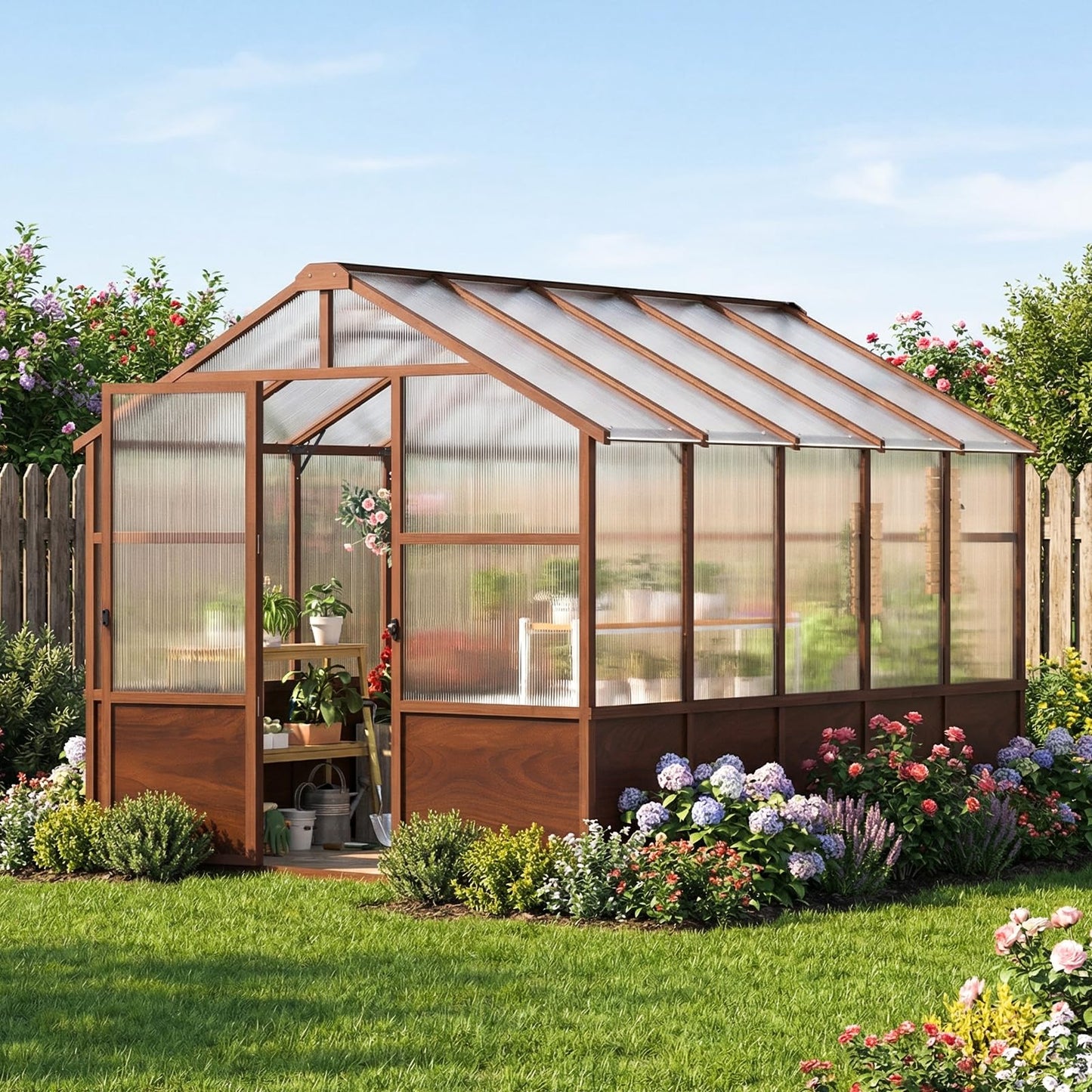 Jocoevol 6x12FT Greenhouse for Outdoors, Wooden Frame Polycarbonate Green House w/ Adjustable Roof Vent and Lockable Door Handle, Walk-in Greenhouses for Outside Garden Backyard