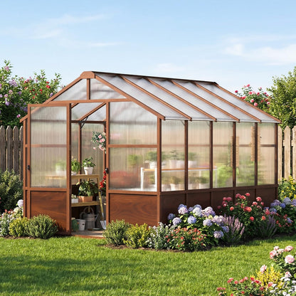 Jocoevol 6x12FT Greenhouse for Outdoors, Wooden Frame Polycarbonate Green House w/ Adjustable Roof Vent and Lockable Door Handle, Walk-in Greenhouses for Outside Garden Backyard