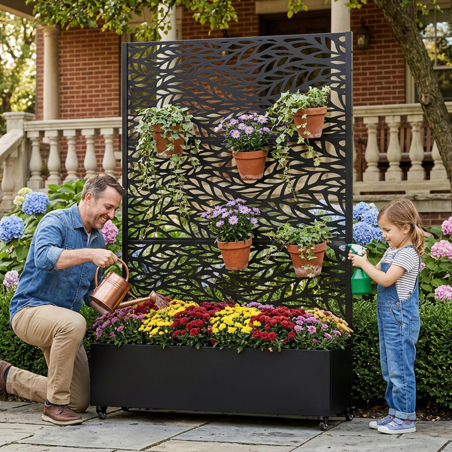 72" H Metal Raised Garden Bed with Trellis and Wheels, Privacy Screen Outdoor Planter Box with Decor Leaf Pattern, Large Mobile Vertical Planter for Patio, Balcony & Backyard