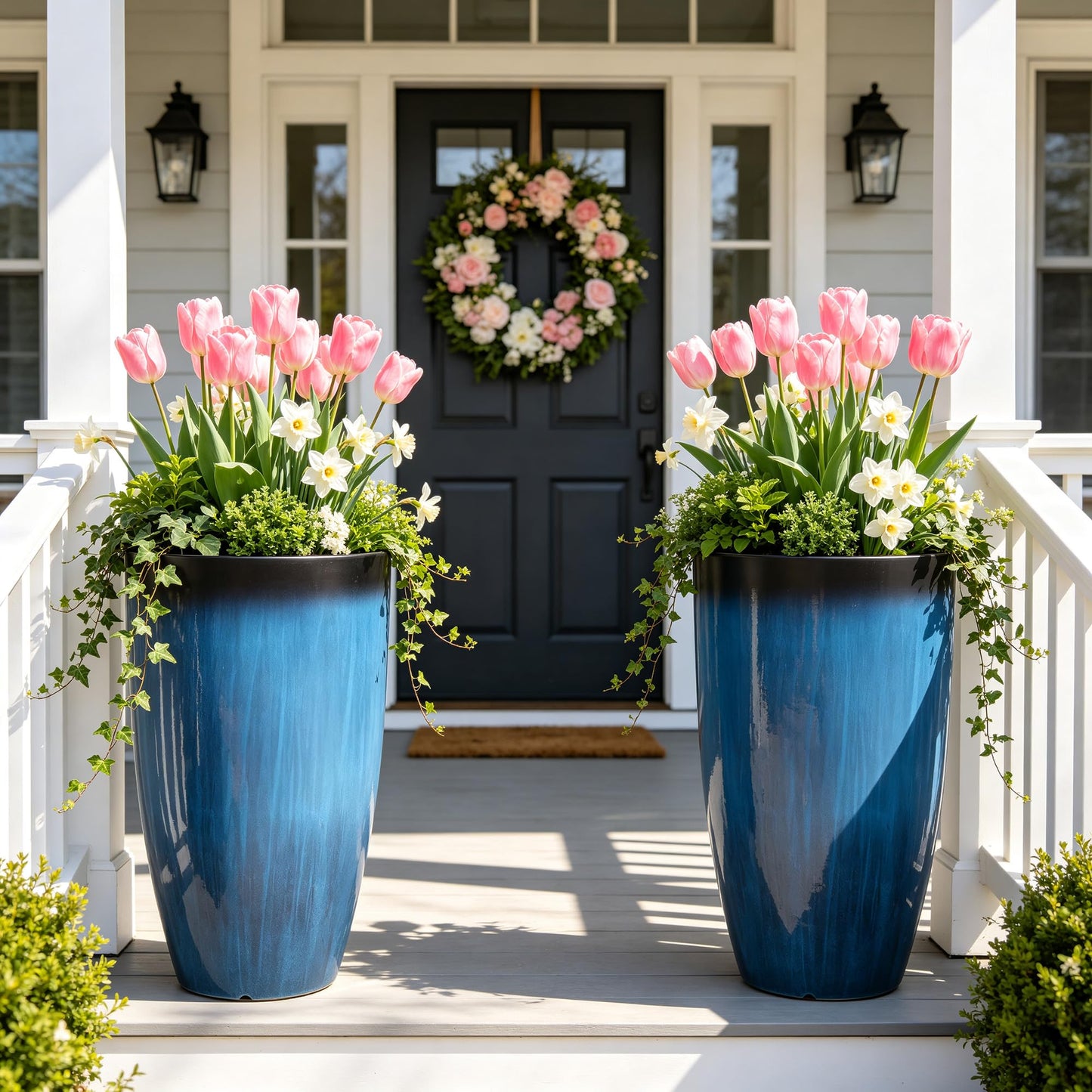 Autodaya 22" Urn Planters Outdoor Planter for Plants Set of 2 Timeless Plastic Large Flower Pot with Drainage Hole Terrazzo White Garden Pots for Porch, Patio Christmas Decor