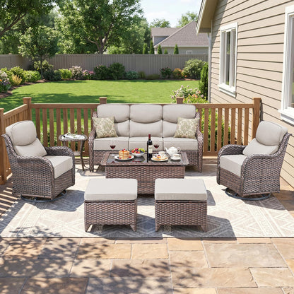 Luxury Patio Furniture Set with 6-inch Thick Cushion, Outdoor Furniture with Fire Pit Table, Swivel Chairs, Sofa, Side Table, Ottomans, 9pcs Wicker Conversation Set(Brown Wicker | Grey Cushion)