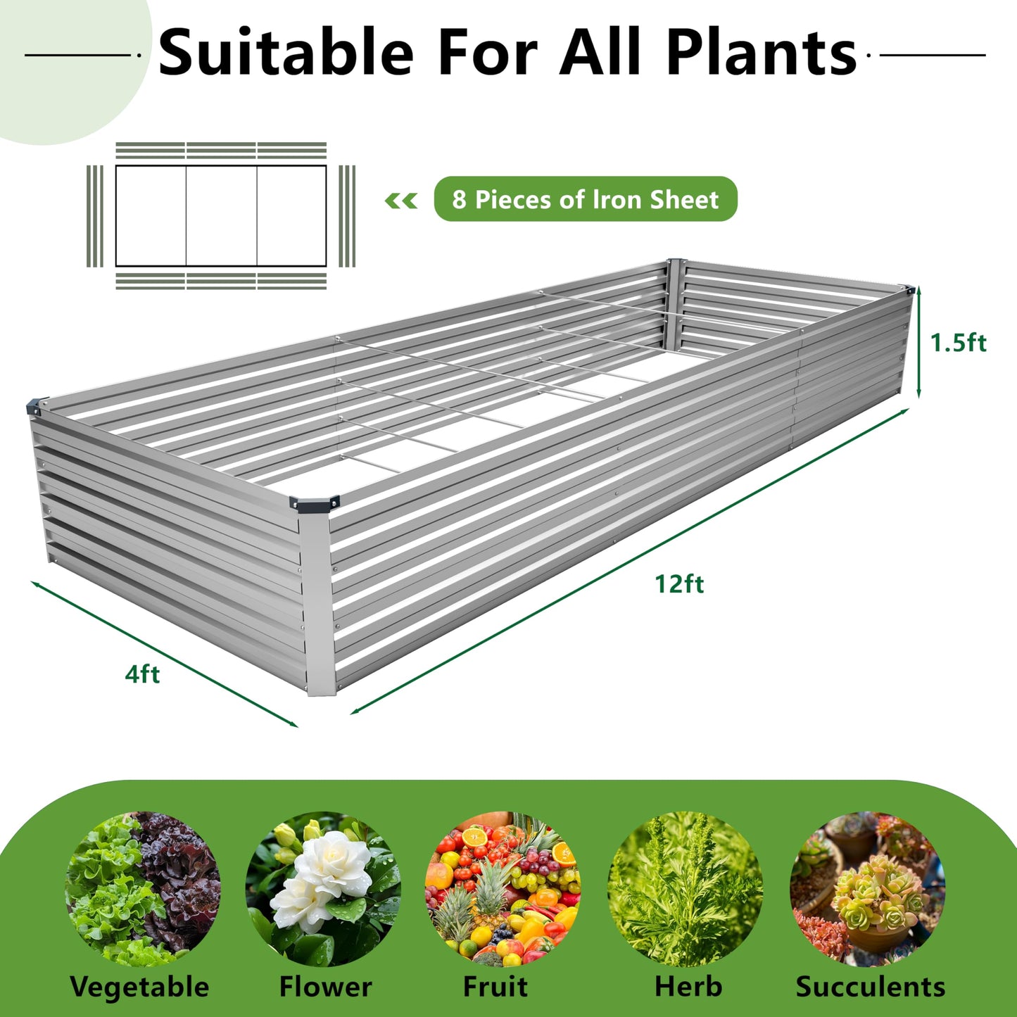 DIIYIV 8x4x1.5FT Galvanized Raised Garden Bed,Vegetable Boxes-Rectangle Metal Flower Box,Large Planter Raised Beds Outdoor Garden for Planting,Fruit,Herb-Silver