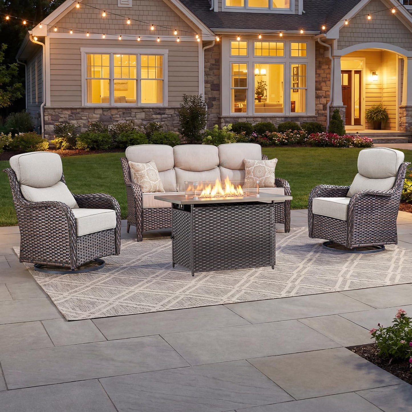 Luxury Patio Furniture Set with 6-inch Thick Cushion, Outdoor Furniture with Fire Pit Table, Swivel Chairs, Sofa, Side Table, Ottomans, 9pcs Wicker Conversation Set(Brown Wicker | Grey Cushion)