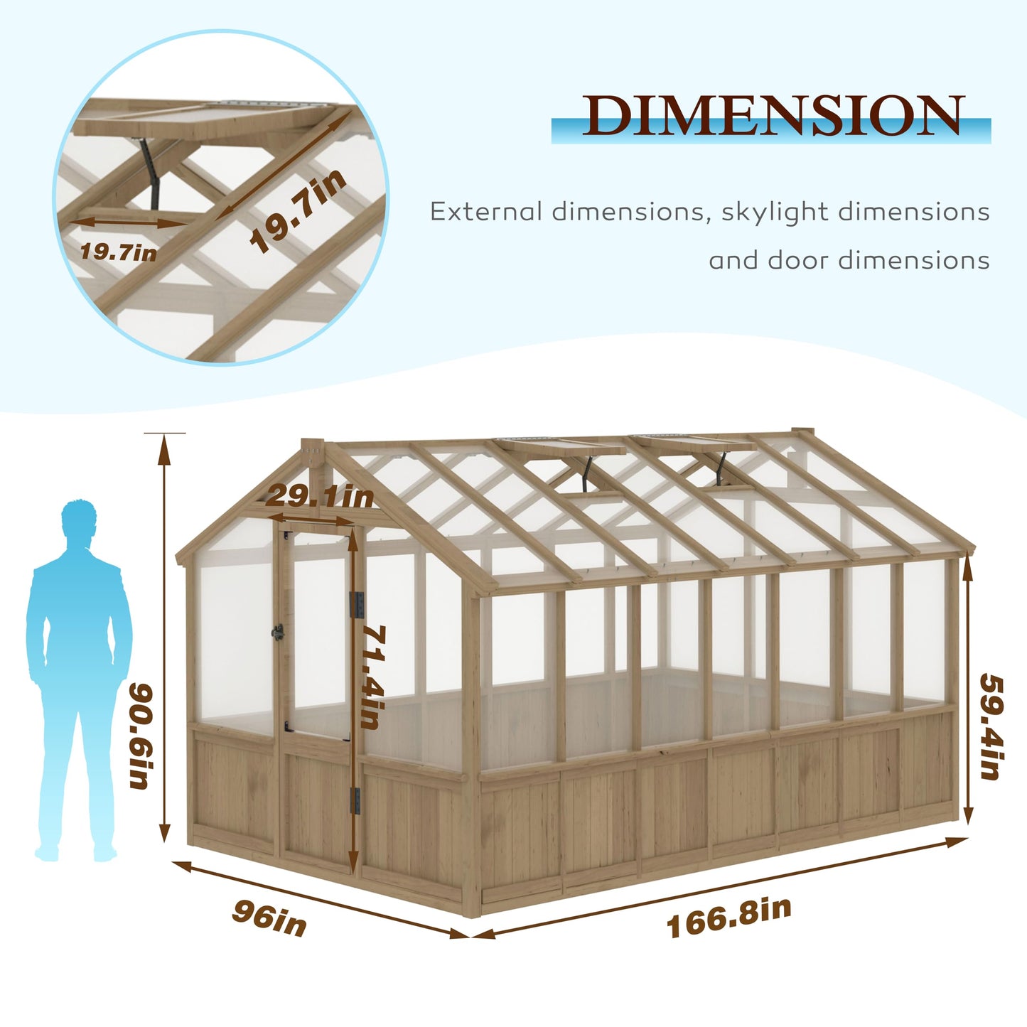 Yardenaler 8x16 FT Greenhouse for Outdoor, 6MM Thick Polycarbonate Panel Wooden Walk-in Green House with Adjustable Roof Vents and Lockable Door, Backyard Garden, Light Mocha Brown