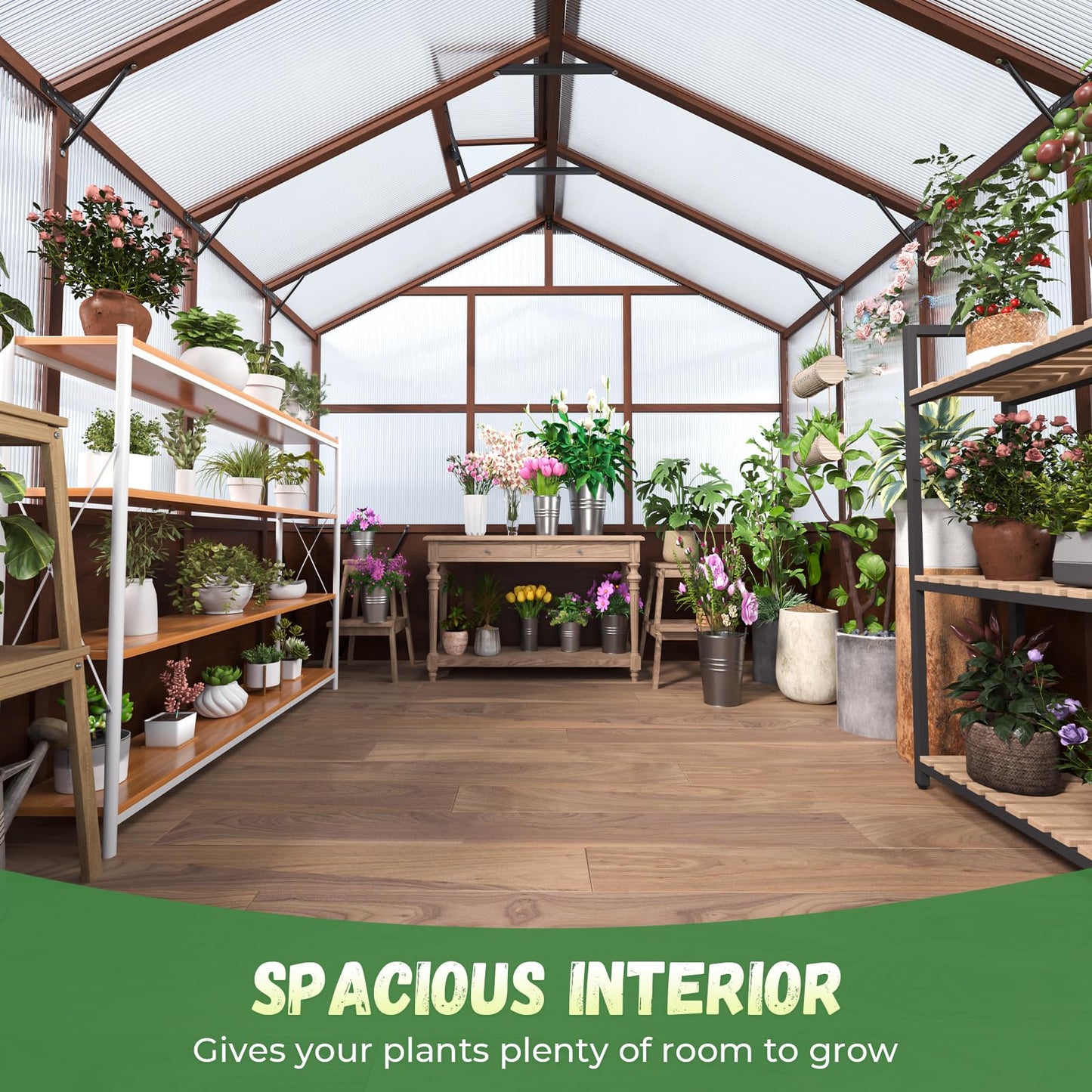 Jocoevol 6x12FT Greenhouse for Outdoors, Wooden Frame Polycarbonate Green House w/ Adjustable Roof Vent and Lockable Door Handle, Walk-in Greenhouses for Outside Garden Backyard