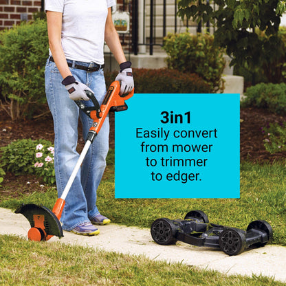 BLACK+DECKER Weed Eater, Lawn Edger and Cordless Lawn Mower 3 in 1 Combo, Includes (2) Batteries, Charger, 12 Inch Battery Powered String Trimmer and Lawnmower, Adjustable Length and Height (MTC220)