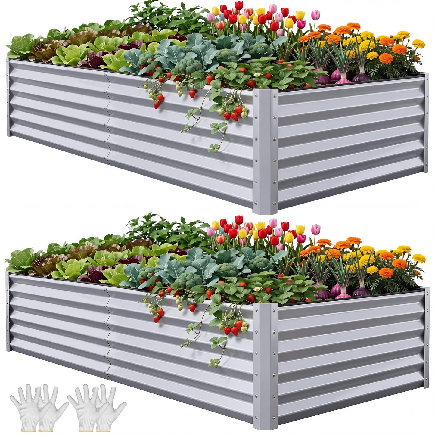 YITAHOME 8x4x1.5ft 2pcs Large Raised Garden Bed Kit, Galvanized Metal Planter Box with Gloves, Outdoor Above Ground Planters for Plants Vegetables Flowers, Silver