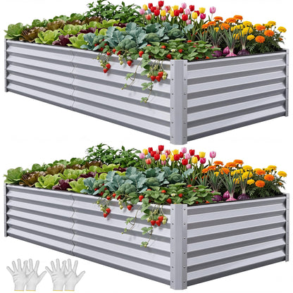 YITAHOME 8x4x1.5ft 2pcs Large Raised Garden Bed Kit, Galvanized Metal Planter Box with Gloves, Outdoor Above Ground Planters for Plants Vegetables Flowers, Silver