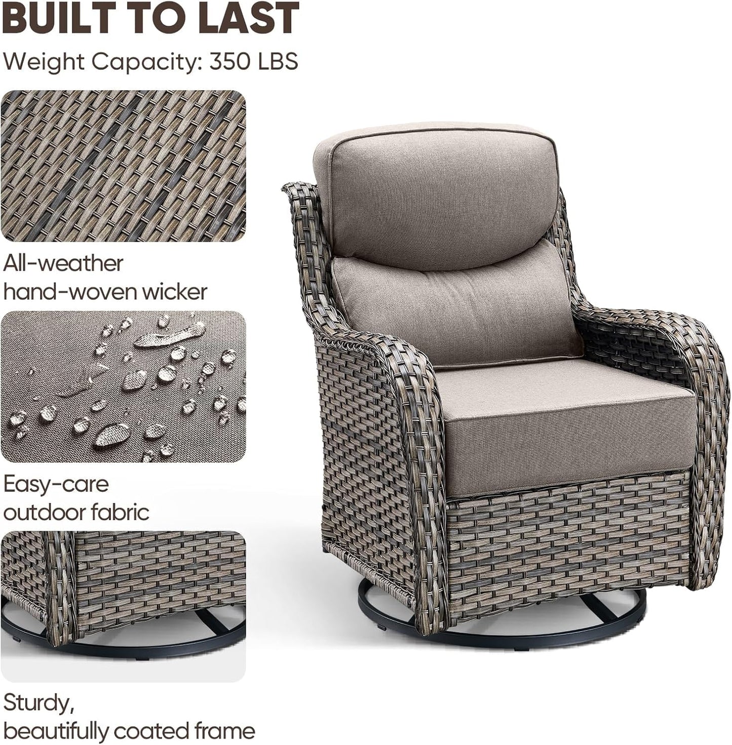 Luxury Patio Furniture Set with 6-inch Thick Cushion, Outdoor Furniture with Fire Pit Table, Swivel Chairs, Sofa, Side Table, Ottomans, 9pcs Wicker Conversation Set(Brown Wicker | Grey Cushion)