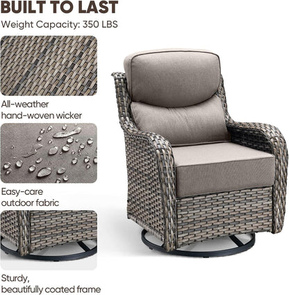 Luxury Patio Furniture Set with 6-inch Thick Cushion, Outdoor Furniture with Fire Pit Table, Swivel Chairs, Sofa, Side Table, Ottomans, 9pcs Wicker Conversation Set(Brown Wicker | Grey Cushion)