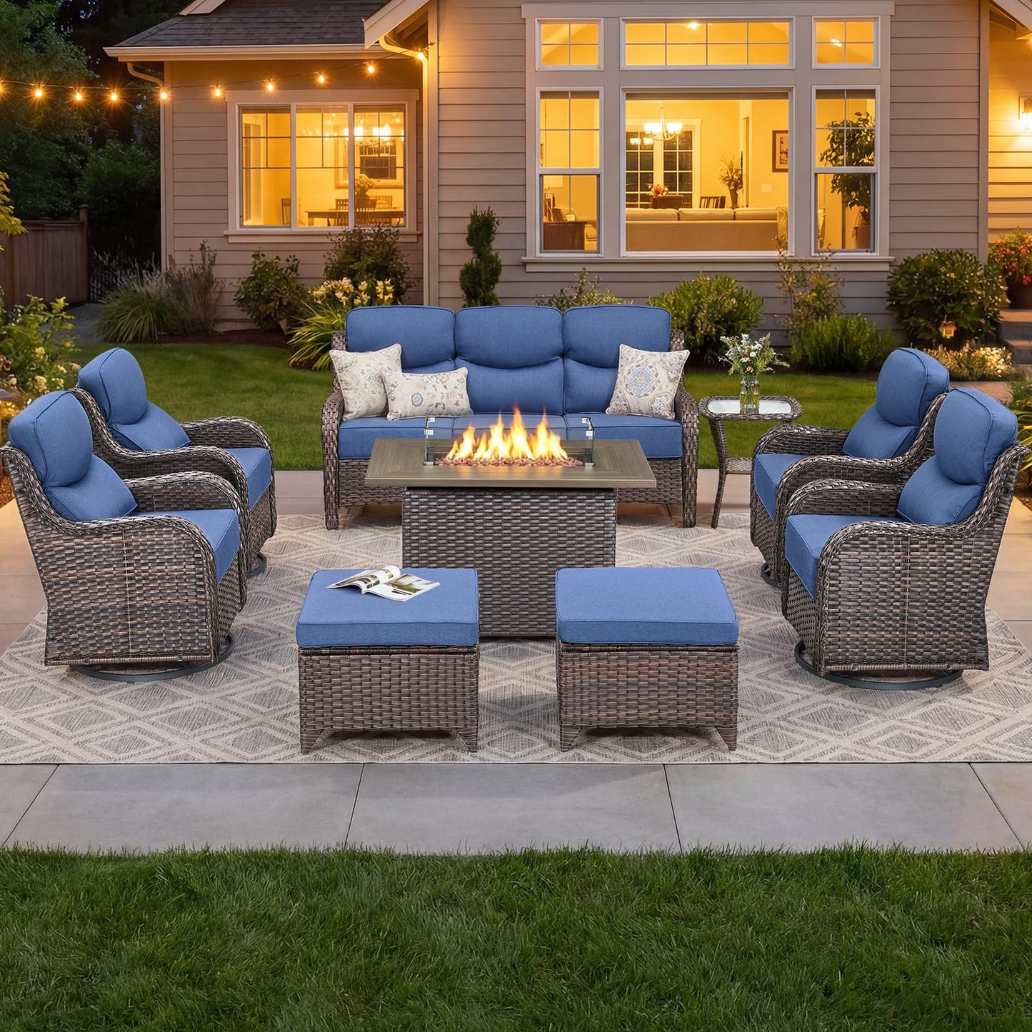 Luxury Patio Furniture Set with 6-inch Thick Cushion, Outdoor Furniture with Fire Pit Table, Swivel Chairs, Sofa, Side Table, Ottomans, 9pcs Wicker Conversation Set(Brown Wicker | Grey Cushion)