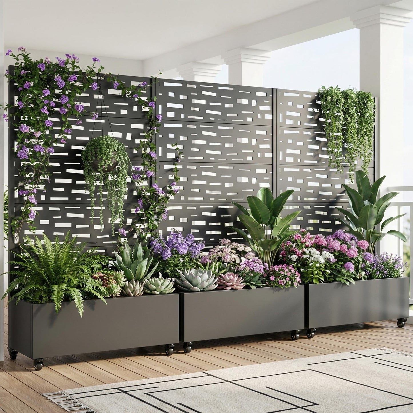 72" H Metal Raised Garden Bed with Trellis and Wheels, Privacy Screen Outdoor Planter Box with Decor Leaf Pattern, Large Mobile Vertical Planter for Patio, Balcony & Backyard