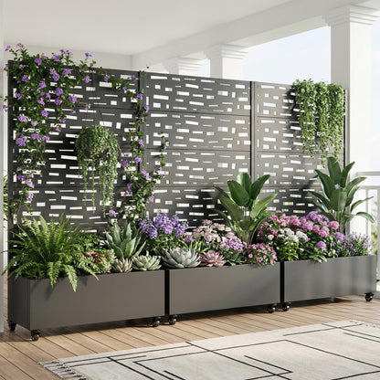 72" H Metal Raised Garden Bed with Trellis and Wheels, Privacy Screen Outdoor Planter Box with Decor Leaf Pattern, Large Mobile Vertical Planter for Patio, Balcony & Backyard