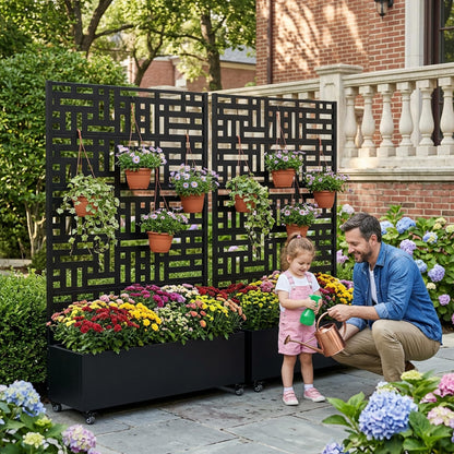 72" H Metal Raised Garden Bed with Trellis and Wheels, Privacy Screen Outdoor Planter Box with Decor Leaf Pattern, Large Mobile Vertical Planter for Patio, Balcony & Backyard