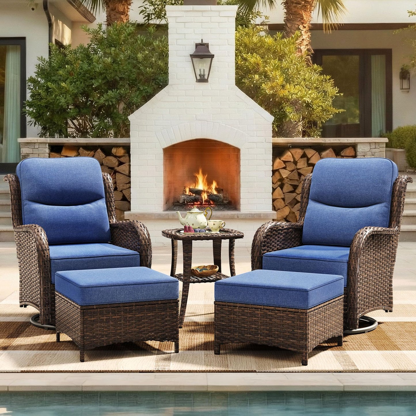 HILLGA 7-Piece Luxury Patio Furniture Set with 6" Thick Cushions, Weather-Resistant Wicker High Back Swivel Rocker Chairs, Senior-Friendly Outdoor Sofa Set for Large Deck, Yard and Poolside, Beige(V2)