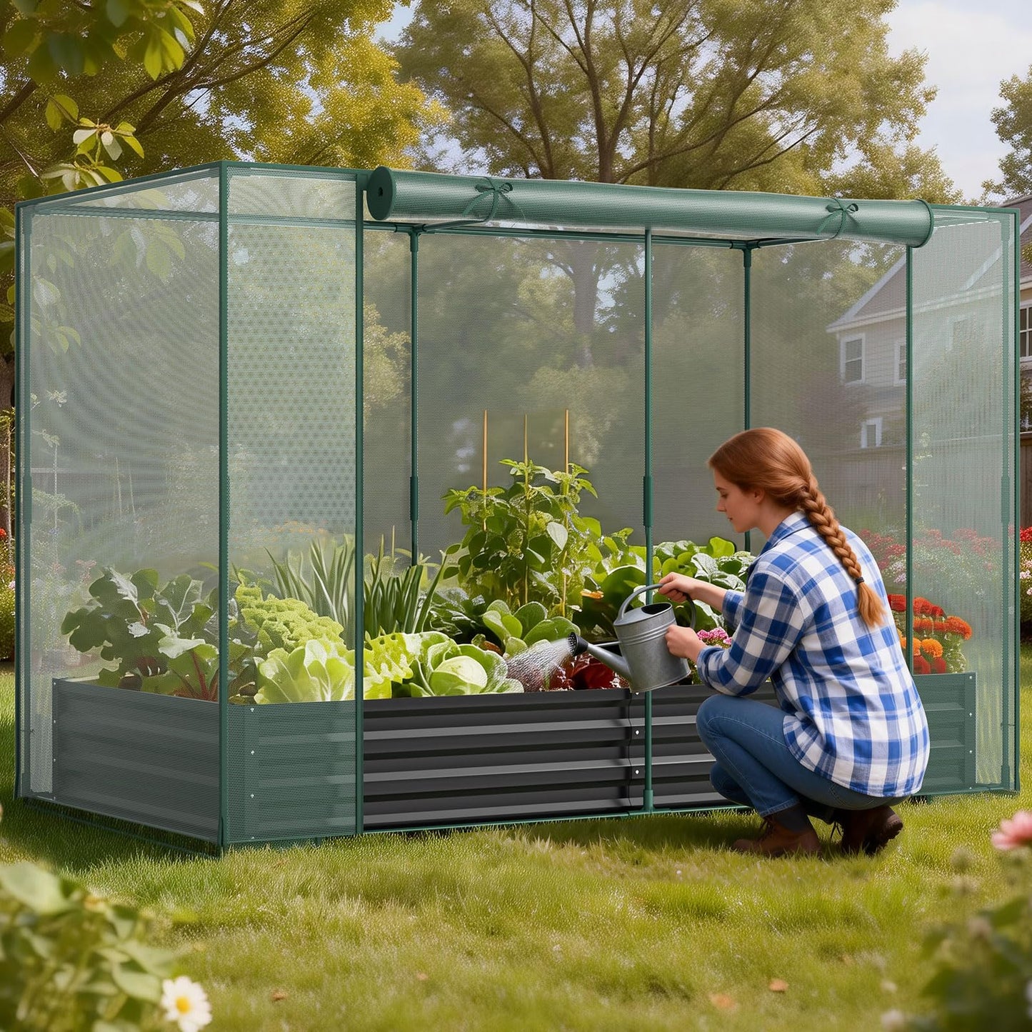 Galvanized Raised Garden Bed with Crop Cage Plant Protection Net Tent Kit for Garden Plant, 71"x35.4"x 59" Plants Protection Tent Cage Metal Planter Box Bottomless Planting Vegetables Outdoor