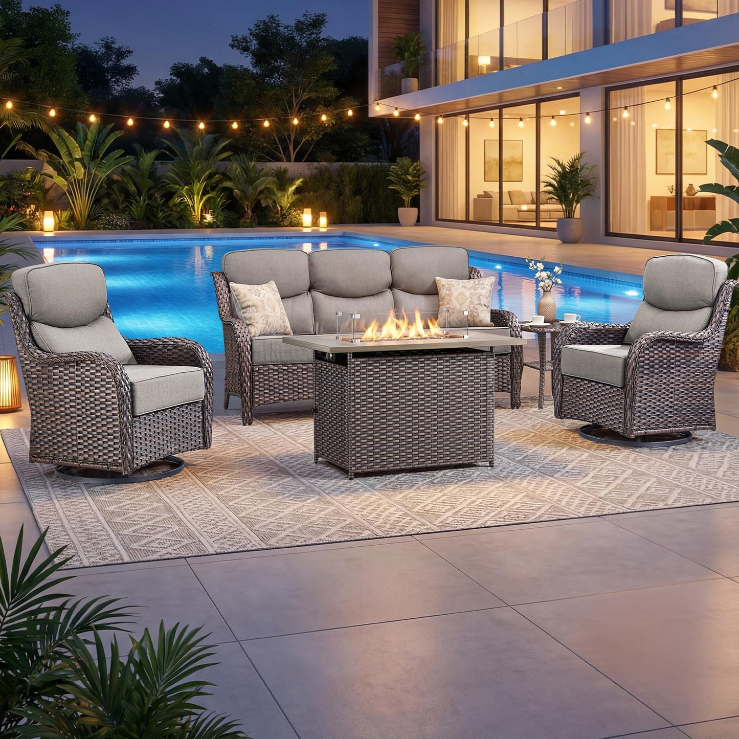 Luxury Patio Furniture Set with 6-inch Thick Cushion, Outdoor Furniture with Fire Pit Table, Swivel Chairs, Sofa, Side Table, Ottomans, 9pcs Wicker Conversation Set(Brown Wicker | Grey Cushion)