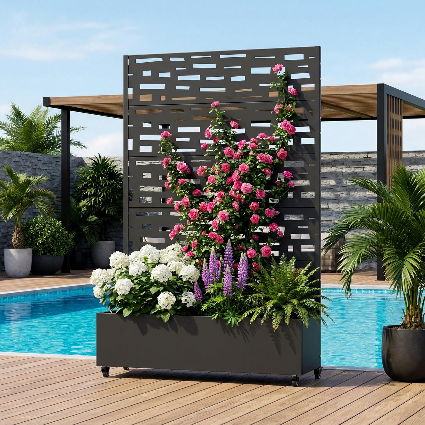 72" H Metal Raised Garden Bed with Trellis and Wheels, Privacy Screen Outdoor Planter Box with Decor Leaf Pattern, Large Mobile Vertical Planter for Patio, Balcony & Backyard