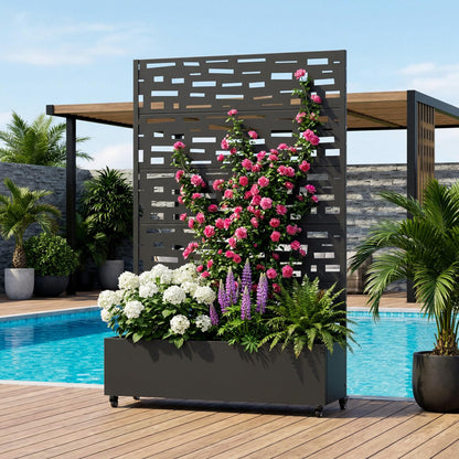 72" H Metal Raised Garden Bed with Trellis and Wheels, Privacy Screen Outdoor Planter Box with Decor Leaf Pattern, Large Mobile Vertical Planter for Patio, Balcony & Backyard