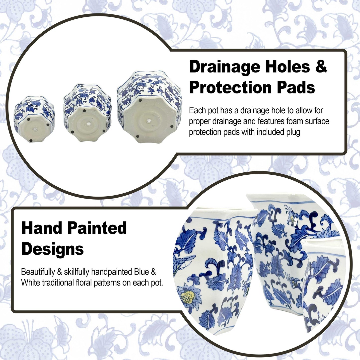 Galt International Blue & White Round Fluted Classic Floral Porcelain Ceramic Plant Flower Planter Pot Set of 3 (7.5", 10", 13") Garden Pots Chinese Asian Design