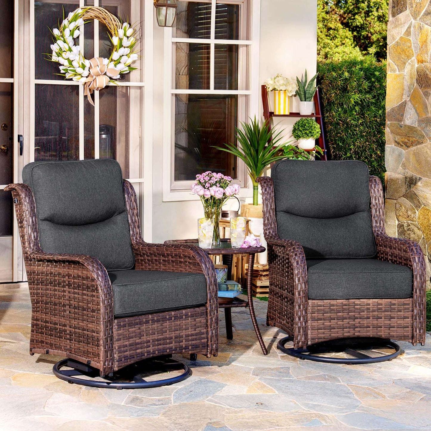 HILLGA 7-Piece Luxury Patio Furniture Set with 6" Thick Cushions, Weather-Resistant Wicker High Back Swivel Rocker Chairs, Senior-Friendly Outdoor Sofa Set for Large Deck, Yard and Poolside, Beige(V2)