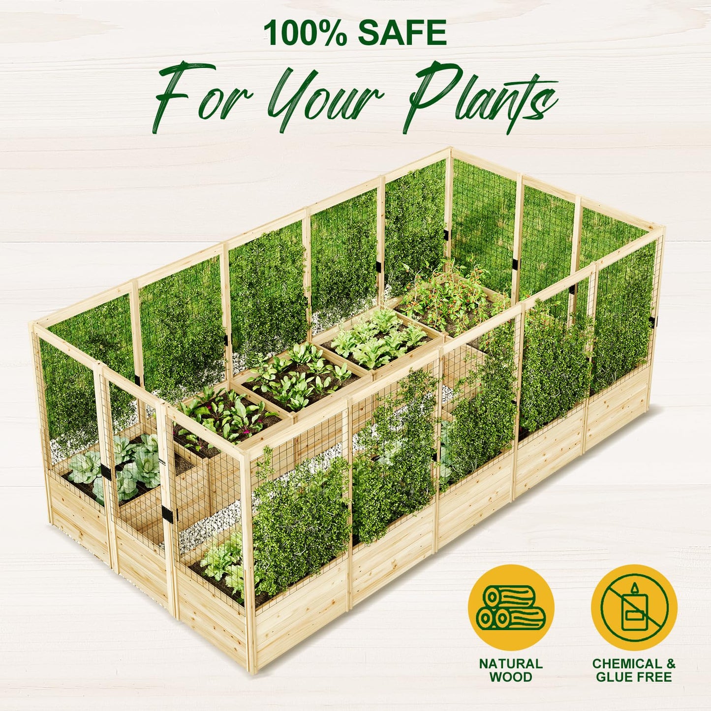 AMERLIFE Raised Garden Bed with Deer Proof Fence, 7.5Wx17Dx6H Outdoor Wooden Raised Garden Bed Planter with 19" Depth Planter Box