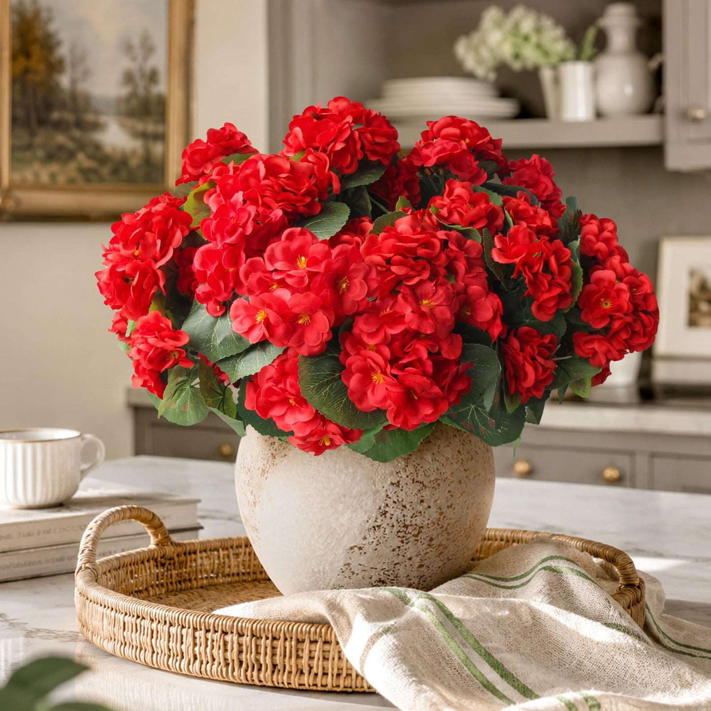 12 Bundles Artificial Geranium Fake Flowers for Outdoor UV Resistant, Outside Spring Red Flower Decoration for Home Kitchen Table Cemetery Garden Planter, Front Door Silk Faux Plants