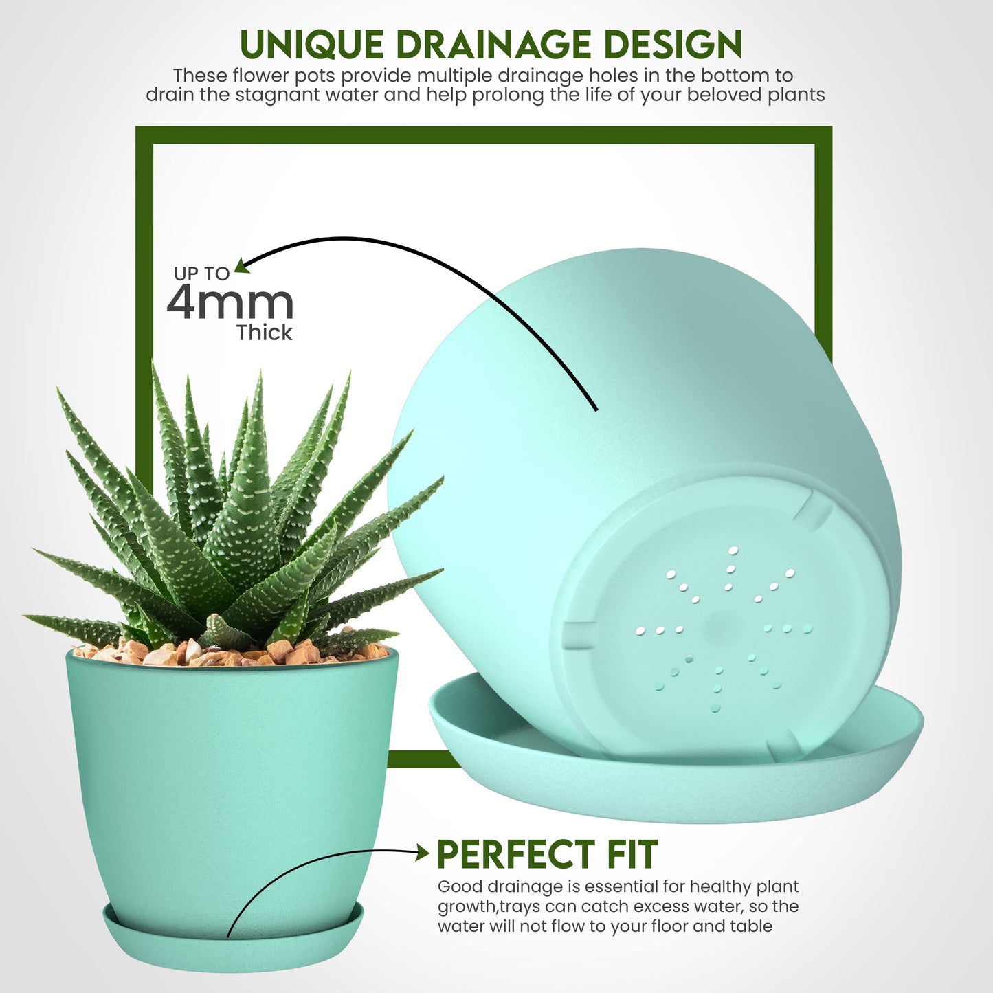 Utopia Home Plant Pots Indoor with Drainage Holes – Set of 5 White Plastic Flower Pots (7/6.6/6/5.3/4.8 Inch) – Modern Planters for Indoor Plants, Room & Office Décor, Great Stocking Stuffers