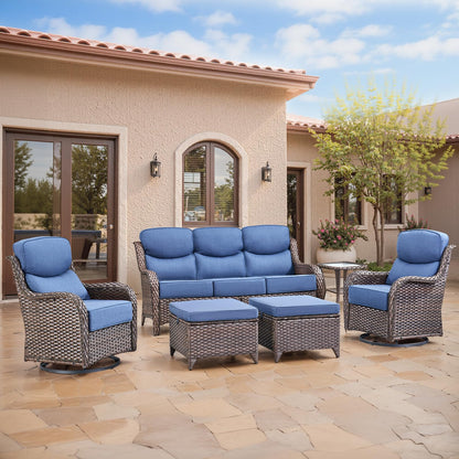 Luxury Patio Furniture Set with 6-inch Thick Cushion, Outdoor Furniture with Fire Pit Table, Swivel Chairs, Sofa, Side Table, Ottomans, 9pcs Wicker Conversation Set(Brown Wicker | Grey Cushion)