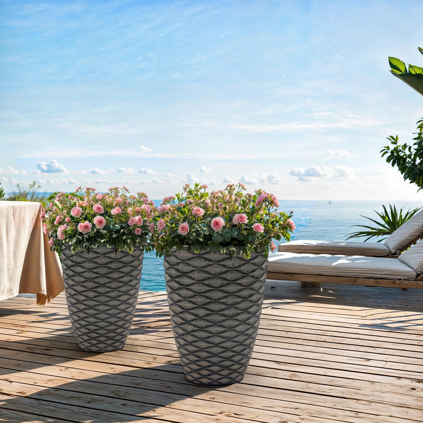 Autodaya 22" Urn Planters Outdoor Planter for Plants Set of 2 Timeless Plastic Large Flower Pot with Drainage Hole Terrazzo White Garden Pots for Porch, Patio Christmas Decor