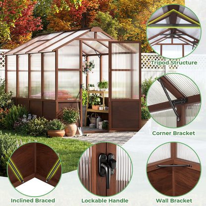 Jocoevol 6x12FT Greenhouse for Outdoors, Wooden Frame Polycarbonate Green House w/ Adjustable Roof Vent and Lockable Door Handle, Walk-in Greenhouses for Outside Garden Backyard