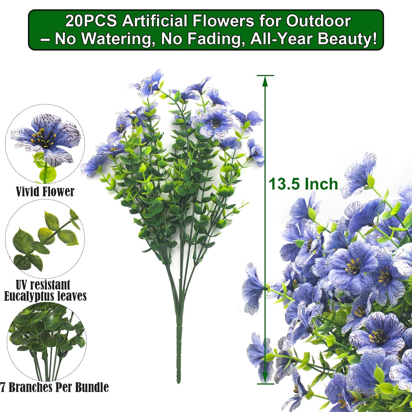 Grunyia 20 Bundles Artificial Flowers for Outdoors, UV Resistant Fake Plants Flowers Greenery Shrubs Plants for Decoration Outside Plants Hanging Planter Home Garden Decor