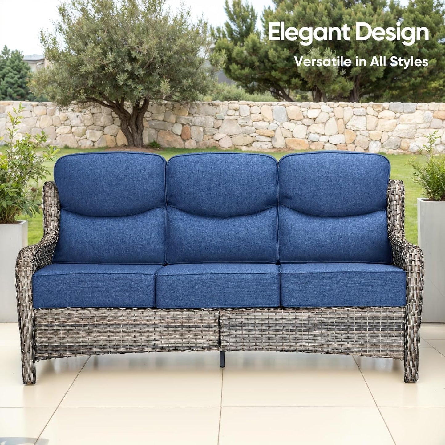 Luxury Patio Furniture Set with 6-inch Thick Cushion, Outdoor Furniture with Fire Pit Table, Swivel Chairs, Sofa, Side Table, Ottomans, 9pcs Wicker Conversation Set(Brown Wicker | Grey Cushion)