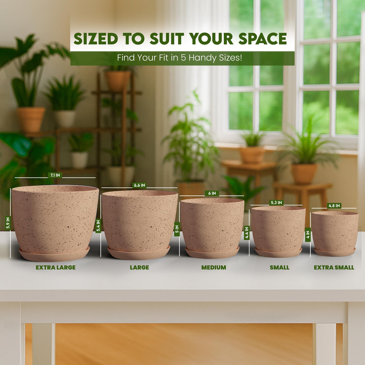 Utopia Home Plant Pots Indoor with Drainage Holes – Set of 5 White Plastic Flower Pots (7/6.6/6/5.3/4.8 Inch) – Modern Planters for Indoor Plants, Room & Office Décor, Great Stocking Stuffers