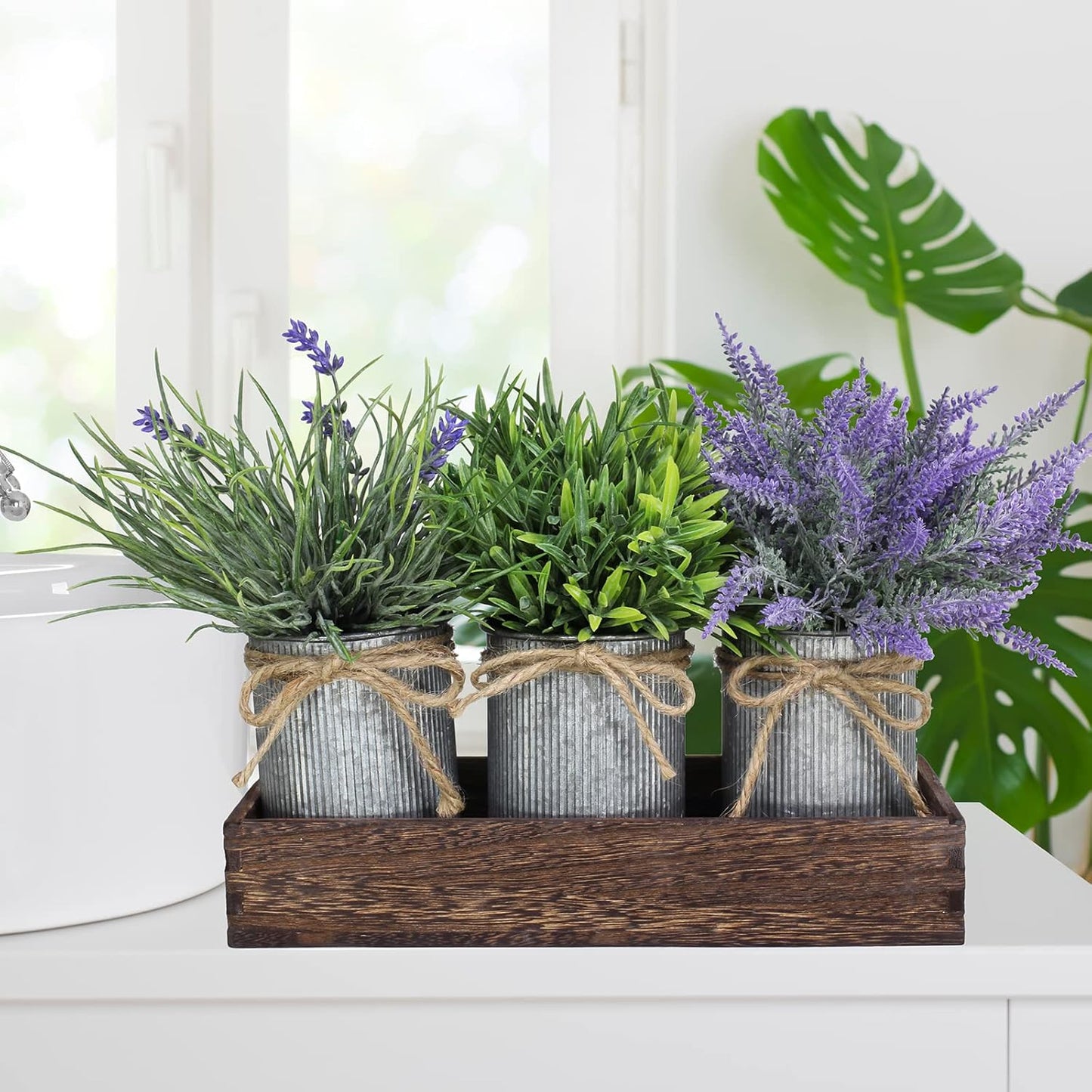 Set of 3 Small Potted Plants Arrangement Artificial Lavender and Grass Plants in Rustic Galvanized Metal Pots with Decorative Wood Tray for Farmhouse Table Centerpiece Windowsill Indoor Greenery Decor
