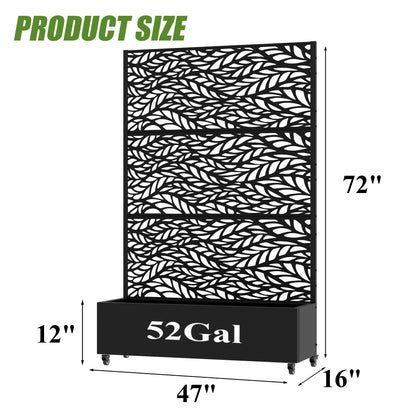 72" H Metal Raised Garden Bed with Trellis and Wheels, Privacy Screen Outdoor Planter Box with Decor Leaf Pattern, Large Mobile Vertical Planter for Patio, Balcony & Backyard