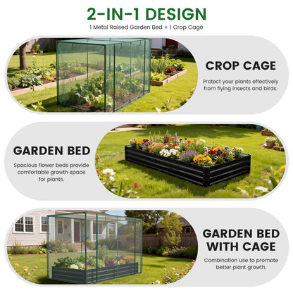 Galvanized Raised Garden Bed with Crop Cage Plant Protection Net Tent Kit for Garden Plant, 71"x35.4"x 59" Plants Protection Tent Cage Metal Planter Box Bottomless Planting Vegetables Outdoor